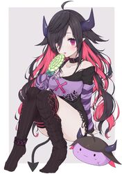  absurdres ahoge arm_support bare_shoulders black_dress black_hair black_thighhighs breasts candy cleavage collarbone commentary_request demon_horns demon_tail dress female food grey_background hair_over_one_eye highres holding holding_candy holding_food holding_lollipop horns lace lace-trimmed_dress lace_trim lollipop long_hair long_sleeves looking_at_viewer medium_breasts multicolored_hair nijisanji no_shoes pink_hair purple_eyes racchi. sitting sleeves_past_fingers sleeves_past_wrists solo striped_clothes striped_thighhighs swirl_lollipop tail thighhighs thighhighs_pull two-tone_background two-tone_hair vertical-striped_clothes vertical-striped_thighhighs very_long_hair virtual_youtuber white_background yamiyono_moruru yamiyono_moruru_(1st_costume) 