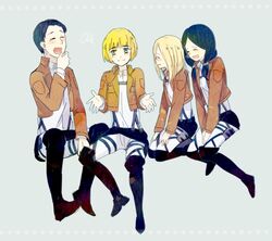  2boys 2girls armin_arlert black_hair blonde_hair boots commentary_request grey_background jacket knee_boots krista_lenz marco_bott military military_uniform mina_carolina multiple_boys multiple_girls okura_(flannel202) paradis_military_uniform shingeki_no_kyojin smile three-dimensional_maneuver_gear uniform 