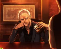  1boy black_shirt blurry blurry_foreground brick_wall commentary_request copyright_name counter cup drawing_(object) drinking_glass formal head_rest indoors kiyuu_kuroneko looking_at_viewer male_focus old old_man omc out_of_frame shirt shot_glass sitting smile solo_focus suit white_hair 