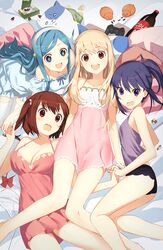  +_+ 4girls :3 :d animal bare_arms bare_legs bare_shoulders blonde_hair blue_eyes blue_hair bottle breasts brown_eyes brown_hair cat-shaped_pillow checkerboard_cookie chemise chips_(food) cleavage cola controller cookie doma_umaru dress dualshock ebina_nana feline food game_controller gamepad girl_sandwich hairband hamster himouto!_umaru-chan holding_hands large_breasts long_hair looking_at_viewer motoba_kirie multiple_girls nekoronbusu nightgown on_bed open_mouth panties pillow playstation_controller potato_chips purple_eyes purple_hair ribbon-trimmed_clothes ribbon_trim sandwiched skirt sleeveless sleeveless_dress small_breasts smile soda_bottle symbol-shaped_pupils tachibana_sylphynford takenoko_no_sato thighhighs twintails underwear very_long_hair wavy_mouth weee_(raemz) 