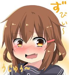  blush brown_eyes brown_hair close-up commentary_request eyebrows female hair_ornament hairclip hay_fever ikazuchi_(kancolle) kantai_collection nose_blush oerba_yun_fang open_mouth oshiruko_(uminekotei) runny_nose school_uniform serafuku short_hair skin_fang snot solo tears translation_request wavy_mouth 