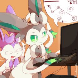  ! alternate_color alternate_shiny_pokemon artist_name bow colored_sclera commentary commission computer computer_keyboard computer_mouse english_text green_eyes green_sclera indoors monitor no_humans orange_background osu! playing_games pokemon pokemon_(creature) prehensile_ribbon purpleninfy ribbon simple_background sweat sylveon tearing_up video_game 