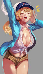  ^^^ ^_^ arm_up baseball_cap belt black_scrunchie blonde_hair blue_hat blue_jacket body_writing boston_red_sox breasts cheering cleavage closed_eyes clothes_writing collared_shirt commentary cowboy_shot ellen_baker facepaint female front-tie_top grey_background hair_ornament hair_scrunchie hair_tie hat jacket large_breasts long_hair long_sleeves low_ponytail major_league_baseball midriff new_horizon open_mouth palms photoshop_(medium) scrunchie see-through shirt short_shorts shorts simple_background solo stomach thigh_gap tied_shirt whistlerx white_shirt 