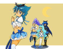  4girls aono_miki bad_end_beauty bad_end_precure black_bodysuit blue_choker blue_eyes blue_footwear blue_hair blue_skirt blue_wrist_cuffs bodysuit boots choker color_connection commentary_request cosplay crossover cure_berry cure_berry_(cosplay) cure_marine drill_hair earrings eyeshadow fresh_precure! frilled_skirt frills hair_ornament hairband heart heart_hair_ornament heartcatch_precure! high_heels in-franchise_crossover jewelry knee_boots kurumi_erika long_hair magical_girl makeup midriff multiple_girls navel nishijima_waon open_mouth ponytail precure purple_eyes purple_hair shirt side_ponytail skirt smile smile_precure suite_precure thighhighs tiara tospal unofficial_precure_costume white_legwear wrist_cuffs zettai_ryouiki 