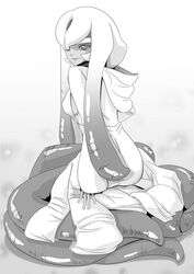  commentary_request dark-skinned_female dark_skin female full_body greyscale hood hooded_jacket jacket long_hair monochrome monster_girl monster_musume_no_iru_nichijou octo_(monster_musume) scylla sitting slit_pupils solo tentacle tentacle_hair trf_honeycomb 