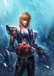  1boy armor blonde_hair bouquet breastplate carnation commentary_request cygnus_hyouga eyepatch flower fooltown highres holding holding_bouquet male_focus pauldrons photoshop_(medium) rain red_carnation red_flower saint_seiya shoulder_armor solo 