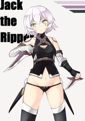  :&lt; arm_belt bandaged_arm bandages bare_shoulders black_gloves black_panties black_thighhighs breasts character_name cleavage cleavage_cutout closed_mouth clothing_cutout commentary_request cowboy_shot dagger dual_wielding fate/apocrypha fate_(series) female fingerless_gloves gloves green_eyes grey_hair groin hair_between_eyes highres holding jack_the_ripper_(fate/apocrypha) knife looking_at_viewer navel orinpachu panties scar short_hair single_glove small_breasts solo stomach thighhighs underwear weapon white_hair 