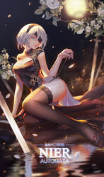  2b_(nier:automata) arm_at_side arm_support black_blindfold black_dress black_panties black_thighhighs blindfold blindfold_slip blue_eyes breasts character_name china_dress chinese_clothes cleavage cleavage_cutout clothing_cutout commentary copyright_name d-zhai dress eyelashes feet female fingernails floral_print flower full_moon hair_between_eyes hand_up high_heels highres katana lace lace-trimmed_legwear lace_trim leaf lipstick looking_at_viewer makeup mascara medium_breasts moon nier:automata nier_(series) night night_sky no_mole nose one_eye_covered panties parted_lips petals photoshop_(medium) pink_lips plant planted planted_sword print_dress pulling_own_clothes reflection rose sandals shoes short_hair short_sleeves side-tie_panties side_slit sky solo string_panties string_pull sword teeth thighhighs toeless_footwear toes turtleneck underwear upper_teeth_only water weapon white_flower white_hair white_rose 