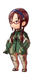  achako_(badendo) blue_eyes bodysuit brown_hair chibi commentary_request evangelion:_2.0_you_can_(not)_advance female final_fantasy final_fantasy_iii glasses green_bodysuit hairband highres long_hair makinami_mari_illustrious neon_genesis_evangelion no_nose parody plugsuit rebuild_of_evangelion red-framed_eyewear simple_background smile solo style_parody twintails white_background 