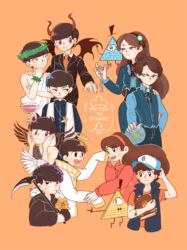  &gt;:( 2girls 6+boys :&gt; :3 :d ahoge alternate_costume angel animal bare_shoulders baseball_cap bill_cipher black_bow black_bowtie black_eyes black_hat black_jacket black_pants black_shirt black_wings blue_eyes blue_pants blue_shirt book bookmark bow bowtie brooch brother_and_sister brothers brown_eyes brown_hair cassock chains cigar clenched_hand closed_mouth collared_shirt commentary crescent crop_top cross cross_necklace crossover cup dark_persona death demon_boy demon_horns demon_tail demon_wings dipper_gleeful dipper_pines drinking_glass dual_persona eye_contact eyelashes facial_mark feathered_wings feline forehead_mark formal frown gem gravity_falls hairband halo hand_in_pocket hand_on_another&#039;s_shoulder hand_to_own_mouth hands_on_own_chest hat head_rest head_wreath heart heart_in_mouth high_collar holding holding_animal holding_book holding_cat holding_cup holding_weapon horns jacket jewelry jitome liquid long_hair long_sleeves looking_at_another looking_to_the_side mabel_gleeful mabel_pines matsuno_choromatsu matsuno_ichimatsu matsuno_jyushimatsu matsuno_karamatsu matsuno_osomatsu matsuno_todomatsu mouth_hold multiple_boys multiple_girls name_connection neck_ribbon necklace necktie nominno_(rice) open_mouth orange_background osomatsu-kun osomatsu-san osomatsu_(series) pants parted_bangs pine_tree pinky_out pointing priest purple_hair red_bow red_eyes red_necktie restrained reverse_falls_(gravity_falls) ribbon scythe sextuplets shirt short_sleeves siblings sleeves_past_wrists smile smoke smoking star_(symbol) stole suit sweater swept_bangs t-shirt tail tears toga top_hat traditional_bowtie translated tree triangle turtleneck twins v-shaped_eyebrows vest weapon white_wings will_cipher wings 