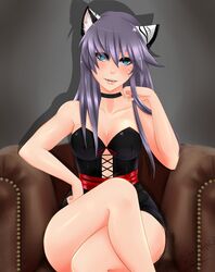  blush cat_ears cleavage clothed enkashiahara fangs leather legs_crossed lingerie long_hair looking_at_viewer neko nonude purple_hair seated 