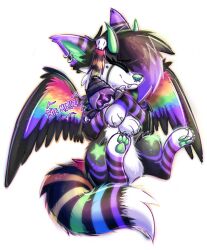  canid canine canis demigirl fangs female feral glitch_productions goldstarri hi_res horn kandee mammal murder_drones pawpads paws piercing raccoon_tail_hair rainbow scene_haircut sparklefur teeth uzi_(murder_drones) wings wolf 