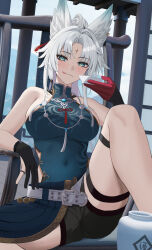  animal_ear_fluff animal_ears bare_shoulders blush breasts chinese_clothes commentary covered_navel cup feixiao_(honkai:_star_rail) female forehead_jewel fox_ears fox_girl gaitoou gloves green_eyes high_ponytail highres honkai:_star_rail honkai_(series) jewelry large_breasts long_hair looking_at_viewer parted_bangs ponytail sakazuki shirt smile solo very_long_hair white_hair 