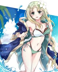  atelier_(series) atelier_lulua bikini blue_coat breasts cloud coat commentary_request cowboy_shot day female flower green_eyes green_hair hair_flower hair_ornament hand_up highres karasumi_(aiseec) long_hair long_sleeves looking_at_viewer medium_breasts navel open_clothes open_coat open_mouth outdoors piana_(atelier) piana_(vivid_two-color)_(atelier) polka_dot polka_dot_bikini sky smile solo standing swimsuit very_long_hair water 