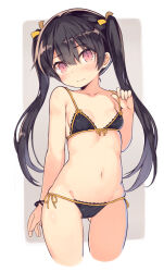  ass_visible_through_thighs bare_arms bare_shoulders bikini black_bikini black_hair blush breasts brown_eyes closed_mouth collarbone commentary_request cropped_legs female front-tie_bikini_top front-tie_top grey_background groin hair_between_eyes hair_ribbon hand_up kurasuke lifting_own_clothes long_hair looking_at_viewer navel original ribbon side-tie_bikini_bottom small_breasts solo strap_lift swimsuit twintails two-tone_background very_long_hair white_background yellow_ribbon 