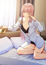  3_small_spiders black_bra black_panties blue_eyes bra clock collared_shirt commentary_request digital_clock female girls&#039;_frontline highres indoors long_hair on_bed one_eye_closed open_mouth panties partially_unbuttoned pink_hair shirt sitting sleepy solo st_ar-15_(girls&#039;_frontline) underwear white_shirt yokozuwari 