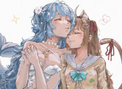  2girls ahoge animal_ear_fluff animal_ears aqua_bow aqua_bowtie badge bao_(vtuber) bikini blue_hair bow bowtie breasts brown_hair button_badge cat_ears cat_tail cetacean_tail cleavage closed_eyes collarbone commentary english_commentary fins fish_tail grey_sailor_collar grin hair_ornament hair_ribbon heart heart_hair_ornament highres holding_own_hand indie_virtual_youtuber jewelry kan1360 large_breasts light_brown_hair long_hair long_sleeves multiple_girls necklace neuro-sama pearl_necklace red_bow ribbon sailor_collar school_uniform serafuku simple_background smile swimsuit tail tail_bow tail_ornament upper_body virtual_youtuber white_background white_bikini 