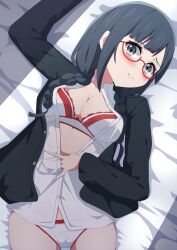  absurdres arm_up bed_sheet black_cardigan blush bra braid breasts cardigan cleavage closed_mouth commentary crotch_seam dress_shirt female from_above grey_eyes grey_hair hand_on_own_stomach head_tilt highres long_hair long_sleeves looking_at_viewer love_live! love_live!_nijigasaki_high_school_idol_club low_twin_braids lying medium_breasts nakagawa_nana no_pants on_back on_bed open_cardigan open_clothes panties partially_unbuttoned red-framed_eyewear semi-rimless_eyewear shirasaki_(ebb_ss) shirt smile solo twin_braids under-rim_eyewear underwear white_bra white_panties white_shirt yuki_setsuna 