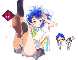  1boy ass black_socks blue_bow blue_bowtie blue_eyes blue_hair bow bowtie brown_footwear chibi clenched_teeth collared_shirt double_v female grey_skirt itachi_(3dt) kneehighs legs_up make_heroine_ga_oo_sugiru! medium_hair messy_hair miniskirt multiple_views nukumizu_kazuhiko pleated_skirt school_uniform shirt shoes short_sleeves skirt socks summer_uniform teeth thighs v white_shirt yanami_anna yellow_bow yellow_bowtie 