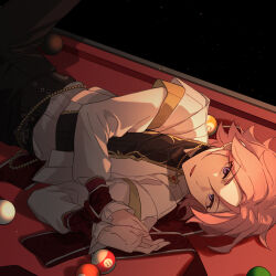  1boy ball billiard_ball bishounen black_background black_pants bound bound_wrists cowboy_shot cross dim_lighting ensemble_stars! flipped_hair greek_cross highres jacket jewelry layered_sleeves light_particles long_sleeves looking_at_viewer lying male_focus mtvu4472 necklace on_back on_table oukawa_kohaku own_hands_together pants parted_lips pink_hair pool_table purple_eyes ribbon ribbon_bondage short_hair short_over_long_sleeves short_sleeves solo table white_jacket 