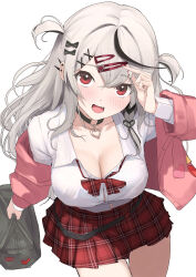  :d adjusting_hair bag black_hair blush bow bowtie braid breasts button_gap choker cleavage collar collared_shirt double-parted_bangs female from_above grey_hair hair_ornament hairclip heart heart_hair_ornament highres holding holding_bag hololive jacket large_breasts long_hair long_sleeves looking_at_viewer looking_up loose_bowtie miniskirt mitsuru_(pixiv_34028718) multicolored_hair nail_polish o-ring o-ring_choker oerba_yun_fang off_shoulder official_alternate_costume official_alternate_hairstyle open_clothes open_jacket pink_jacket plaid_bow plaid_bowtie plaid_clothes plaid_skirt pleated_skirt red_eyes red_nails red_skirt sakamata_chloe sakamata_chloe_(school_uniform) school_bag school_uniform shirt shirt_tucked_in side_braid simple_background single_braid skirt smile spiked_ear_piercing streaked_hair two_side_up virtual_youtuber white_background white_collar white_hair white_shirt x_hair_ornament 