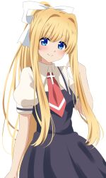  air_(visual_novel) ascot black_dress blonde_hair blue_eyes commentary_request cowboy_shot dars_(recolors) dress female hair_ribbon highres kamio_misuzu long_hair long_sidelocks looking_at_viewer ponytail puffy_short_sleeves puffy_sleeves red_ascot ribbon school_uniform shirt short_sleeves simple_background smile solo white_background white_shirt 