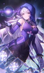  absurdres bare_shoulders black_gloves black_swan_(honkai:_star_rail) breasts cleavage detached_sleeves dress elbow_gloves female gloves highres honkai:_star_rail honkai_(series) large_breasts long_hair looking_at_viewer orb pantyhose purple_dress purple_eyes purple_hair purple_sleeves purple_veil smile solo tokisaka_makoto veil very_long_hair yellow_eyes 