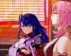  2girls :/ alohapz artist_name breasts bridal_gauntlets cleavage closed_mouth crossed_arms earrings female genshin_impact girl_staring_at_guy&#039;s_chest_(meme) hair_ornament highres japanese_clothes jewelry long_hair looking_at_another medium_bangs meme multiple_girls parted_bangs pink_eyes pink_hair purple_hair raiden_shogun scene_reference sideboob upper_body yae_miko 