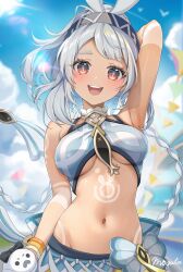  :d aqua_headband arm_up armpits bare_shoulders blue_hair blue_hairband blush body_markings braid breasts crop_top dark_skin female fingerless_gloves genshin_impact gloves hairband highres light_blue_hair long_hair looking_at_viewer low_twin_braids midriff moguta_(moguta9) mualani_(genshin_impact) navel open_mouth red_eyes smile solo symbol-shaped_pupils twin_braids white_hair 