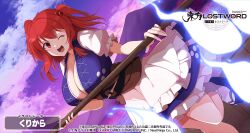  breasts dutch_angle female holding holding_scythe kurikara large_breasts looking_at_viewer one_eye_closed onozuka_komachi puffy_short_sleeves puffy_sleeves scythe second-party_source short_sleeves smile solo touhou touhou_lostword two_side_up 