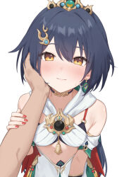  armpit_crease bare_shoulders black_hair blush breasts crown earrings feather_earrings feathers female hair_between_eyes hand_on_another&#039;s_arm hand_on_another&#039;s_cheek hand_on_another&#039;s_face honkai:_star_rail honkai_(series) jewelry jintanj1ntan long_hair low_twintails pov red_nails single_earring small_breasts smile sweatdrop twintails yellow_eyes yunli_(honkai:_star_rail) 