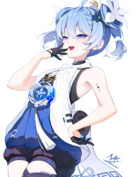  :d absurdres bare_shoulders black_gloves black_shorts blue_eyes blue_hair braid double_bun female flower gloves hair_between_eyes hair_bun hair_flower hair_ornament half_gloves hand_on_own_hip hand_up highres oerba_yun_fang puffy_shorts shimmer short_shorts shorts sleeveless smile solo tacet_mark_(wuthering_waves) textless_version thick_eyebrows twintails white_flower wuthering_waves youhu_(wuthering_waves) 