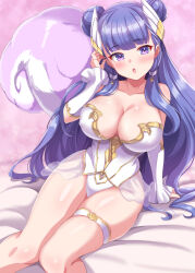  :o breasts cleavage covered_nipples dan_(orange_train) detached_sleeves double_bun female hair_bun highleg highleg_leotard large_breasts leotard long_hair looking_at_viewer palamena_(visions_of_mana) purple_eyes purple_hair purple_tail smile solo squirrel_tail strapless strapless_leotard tail thigh_strap visions_of_mana white_leotard wing_hair_ornament 