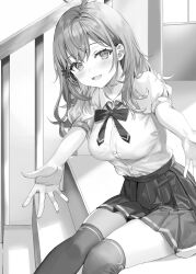  absurdres ahoge blush bow bowtie breasts buttons collarbone collared_shirt commentary_request feet_out_of_frame female flower greyscale hair_between_eyes hair_flower hair_ornament hair_over_shoulder hairpin happy head_tilt highres indoors knees_together_feet_apart large_breasts long_hair looking_at_viewer mariya_mikhailovna_kujou momoko_(momopoco) monochrome novel_illustration official_art open_mouth outstretched_arms pleated_skirt puffy_short_sleeves puffy_sleeves reaching reaching_towards_viewer school_uniform seiren_academy_school_uniform shirt shirt_tucked_in short_sleeves sitting sitting_on_stairs skirt solo stairs thighhighs tokidoki_bosotto_roshia-go_de_dereru_tonari_no_alya-san window wing_collar zettai_ryouiki 