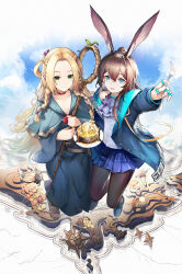  2girls :d absurdres amiya_(arknights) animal_ears aqua_capelet arknights arm_up arrow_(symbol) ascot bare_shoulders blonde_hair blue_collar blue_dress blue_eyes blue_jacket braid breasts brown_hair brown_pantyhose buttons capelet chinese_commentary choker cleavage closed_mouth coin collar collarbone commentary_request dress dungeon_meshi food fork full_body gold_coin green_eyes hair_between_eyes hair_intakes highres holding holding_fork holding_staff jacket jewelry jia_redian_ruzi_ruzi laios_touden long_hair long_sleeves looking_at_viewer marcille_donato miniskirt multiple_girls no_socks off_shoulder open_mouth outstretched_arm pantyhose parted_bangs plaid_clothes plaid_skirt plate pleated_skirt pointy_ears purple_ascot purple_skirt rabbit_ears rabbit_girl red_choker ring sandals scoop_neck senshi_(dungeon_meshi) shirt skirt sleeveless sleeveless_shirt smile staff toeless_footwear unbuttoned v-neck white_shirt 