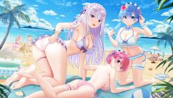  1boy 5girls :d ^_^ absurdres all_fours ass bare_back barefoot beach beatrice_(re:zero) bikini bird blonde_hair blue_bikini blue_bow blue_bowtie blue_eyes blue_sky blunt_bangs blush bow bow_bikini bowtie breasts bridal_garter bright_pupils choker cleavage closed_eyes closed_mouth cloud commentary crab curvy day drill_hair emilia_(re:zero) eyes_visible_through_hair eyewear_on_head feet flower foot_out_of_frame frilled_bikini frilled_choker frills full_body grey_hair hair_flower hair_ornament hair_over_shoulder happy heart heart-shaped_eyewear highres kneeling laosi_j large_breasts legs long_hair looking_at_viewer looking_back lying maid_headdress multiple_girls natsuki_subaru navel ocean on_back on_stomach open_mouth outdoors palm_tree petra_leyte pink_bikini pink_bow pink_flower purple_eyes ram_(re:zero) re:zero_kara_hajimeru_isekai_seikatsu red_eyes red_flower rem_(re:zero) sand_castle sand_sculpture sandals seagull shiny_skin short_hair siblings sideboob signature sisters sky smile soles split_mouth straight_hair summer sunglasses sweat swimsuit the_pose thigh_gap thigh_strap thighs toes tree tsurime twin_drills twins unworn_sandals white_bikini white_footwear x_hair_ornament 