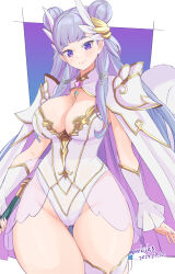  ass_visible_through_thighs breasts cape cleavage closed_mouth double_bun female hair_bun highres kichihachi large_breasts leotard long_hair looking_at_viewer palamena_(visions_of_mana) purple_eyes purple_hair smile solo thighs visions_of_mana white_cape white_leotard 