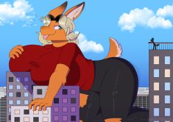  2024 5_fingers ambiguous_gender anthro artist_name bent_legs big_breasts black_body black_bottomwear black_clothing black_fur black_pants blonde_hair blue_eyes blue_pupils blue_sky bottomwear breasts brown_eyebrows brown_hair building canid canine clothed clothed_anthro clothed_female clothing cloud colored curvy_anthro curvy_female curvy_figure day digital_drawing_(artwork) digital_media_(artwork) duo extreme_size_difference eyebrows eyelashes female fingers freckled_face freckles fur hair hand_on_breast hi_res kneeling lagomorph leaning_on_building leporid long_ears macro mammal marigold_eastwood medium_hair motion_lines orange_body orange_fur orange_tail outside pants pink_tongue pupils rabbit railing red_clothing red_shirt red_t-shirt red_topwear scut_tail shaded shirt short_tail simple_shading size_difference sky skyscraper smile smiling_at_another standing t-shirt tail tan_inner_ear tan_tail text thick_thighs tongue tongue_out topwear torn_bottomwear torn_clothing torn_pants two_tone_tail v1sage window 