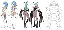  1boy 2girls absurdres animal_ears blue_hair blunt_bangs breasts cat_ears cat_girl cat_tail claws darkstalkers felicia_(darkstalkers) full_body green_eyes green_hair head_wings highres latex long_hair morrigan_aensland multiple_girls simple_background smile tail voreprank white_background wings 