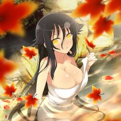  :o ahoge arm_at_side arm_support armpit_crease autumn autumn_leaves bare_shoulders bathing black_hair blurry blurry_foreground blush body_blush bow breasts bursting_breasts bush cleavage collarbone cowboy_shot day depth_of_field falling_leaves female flipped_hair flower from_above from_side hair_between_eyes hair_flaps hand_up highres holding holding_towel hyoki_(senran_kagura) large_breasts leaf legs_together lens_flare long_hair looking_at_viewer naked_towel nose_blush official_art open_mouth outdoors partially_submerged plant ripples river rock senran_kagura senran_kagura_new_wave shiny_skin sideboob sidelocks sitting solo sparkle stream taut_clothes towel transparent very_long_hair water wet wet_hair wet_towel white_towel yaegashi_nan yellow_eyes 