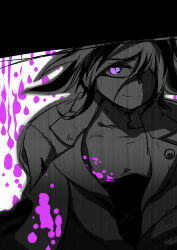  1boy blood blood_on_chest blood_on_clothes blood_splatter closed_mouth coat coat_on_shoulders collarbone collared_coat commentary_request danganronpa_(series) danganronpa_v3:_killing_harmony english_commentary greyscale hair_between_eyes highres lapel_pin lapels looking_at_viewer male_focus mixed-language_commentary monochrome notched_lapels oma_kokichi pectorals purple_eyes scythe-of-petals short_hair smile solo spoilers spot_color topless_male upper_body white_background 