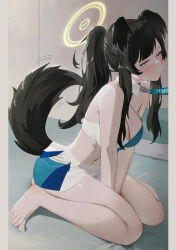  absurdres animal_ears bare_shoulders barefoot between_legs black_hair blue_archive blue_eyes blue_nails blue_skirt blush breasts bright_pupils cleavage closed_mouth commentary_request crop_top dog_ears dog_girl dog_tail female halo hand_between_legs hibiki_(blue_archive) hibiki_(cheer_squad)_(blue_archive) highres long_hair looking_at_viewer medium_breasts midfinger midriff millennium_cheerleader_outfit_(blue_archive) miniskirt nail_polish navel official_alternate_costume official_alternate_hairstyle pillarboxed sitting skirt solo tail thighs toenail_polish toenails toes wariza white_pupils white_skirt yellow_halo 