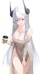  :d absurdres blush breasts brown_dress brown_jacket cake_walker cleavage collarbone covering_crotch covering_privates cowboy_shot cup disposable_cup dress female grey_eyes grey_hair highres holding holding_cup horns jacket jewelry large_breasts long_hair long_sleeves looking_at_viewer mole mole_under_eye necklace open_clothes open_jacket open_mouth original pointy_ears short_dress simple_background single_bare_shoulder smile solo thea_(nekojira) very_long_hair white_background 