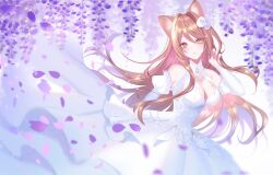  707arisu animal_ears bare_shoulders breasts brown_hair cat_ears character_request check_copyright cleavage commentary commission copyright_request detached_sleeves dress english_commentary female fingernails flower hair_between_eyes hair_flower hair_ornament hand_in_own_hair hand_up hanging_flower highres indie_virtual_youtuber light_smile long_hair looking_at_viewer medium_breasts purple_flower sleeveless sleeveless_dress snowing solo very_long_hair white_background white_dress white_flower white_sleeves yellow_eyes 