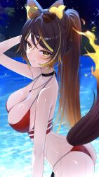  aamana0 animal_ears ass bikini breasts brown_hair commentary eyewear_on_head female fiery_ears flame-tipped_tail from_side hair_between_eyes hashtag-only_commentary heart heart-shaped_eyewear highres indie_virtual_youtuber large_breasts long_hair looking_at_viewer multicolored_hair night orange_eyes orange_fire red_bikini sinder_(vtuber) solo streaked_hair sunglasses swimsuit tail virtual_youtuber wolf_ears wolf_girl wolf_tail 