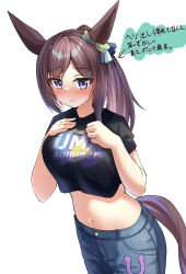  absurdres alternate_costume alternate_hairstyle animal_ears arrow_(symbol) black_shirt breasts brown_hair commentary_request cowboy_shot cropped_shirt denim ear_ornament female highres horse_ears horse_girl horse_tail jeans long_hair medium_breasts mejiro_dober_(umamusume) navel pants ponytail print_shirt purple_eyes shirt short_sleeves simple_background solo stomach tail translation_request uma_summer_(umamusume) umamusume white_background yamada_(c57hikaru) 