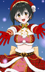  :d absurdres ahoge bell bell_earrings belt black_hair bow breasts brown_belt brown_eyes buckle christmas cleavage crop_top dr._gero_(staedtler_0508) earrings female fur_trim hair_between_eyes hat heart heart-shaped_buckle highres idolmaster idolmaster_cinderella_girls jewelry kohinata_miho looking_at_viewer medium_breasts midriff navel neck_ribbon outstretched_arms plaid_clothes plaid_shirt plaid_skirt red_hat red_shirt red_shrug red_skirt ribbon shirt short_hair shrug_(clothing) skirt smile solo strapless tube_top waist_bow yellow_bow yellow_ribbon 