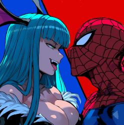  1boy bat_wings breasts cleavage darkstalkers depravedtsunami fangs female green_eyes green_hair highres long_hair looking_at_another marvel marvel_vs._capcom morrigan_aensland spider-man spider-man_(series) spider_web_print tongue tongue_out upper_body wings 