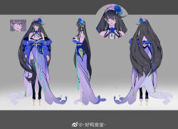  bare_shoulders black_bra black_hair black_ribbon black_thighhighs blue_dress blue_flower blue_hair blue_rose blue_sleeves bra breasts chinese_commentary close-up closed_mouth colored_skin commentary_request detached_sleeves dress female flower from_behind from_side full_body gradient_background gradient_clothes gradient_dress green_hair grey_background hair_between_eyes hair_flower hair_ornament hairband haoya_shitang highres kimono_dress large_breasts letterboxed long_dress long_sleeves looking_at_viewer multicolored_hair multiple_views original pink_flower pink_rose plaid_hairband purple_dress purple_eyes purple_flower purple_hairband purple_rose purple_skin reference_sheet ribbon rose side_slit sleeve_ribbon stirrup_legwear straight-on streaked_hair tassel tassel_hair_ornament thighhighs toeless_legwear underwear very_hairy weibo_watermark wide_sleeves 