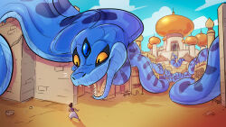  aladdin_(disney) alternate_species ambiguous_gender black_hair blue_body blue_scales city clothed clothing cobra disney disney&#039;s_aladdin duo fangs feral hair hi_res human macro mammal outside princess_jasmine_(disney) pupils reptile scales scalie size_difference smaller_human snake spicynoodleart teeth 